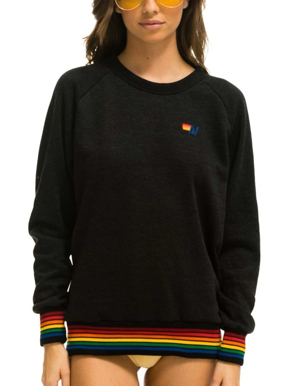 Aviator Nation Women’s Rainbow Rib Crew Neck Sweatshirt Charcoal Gray Size M